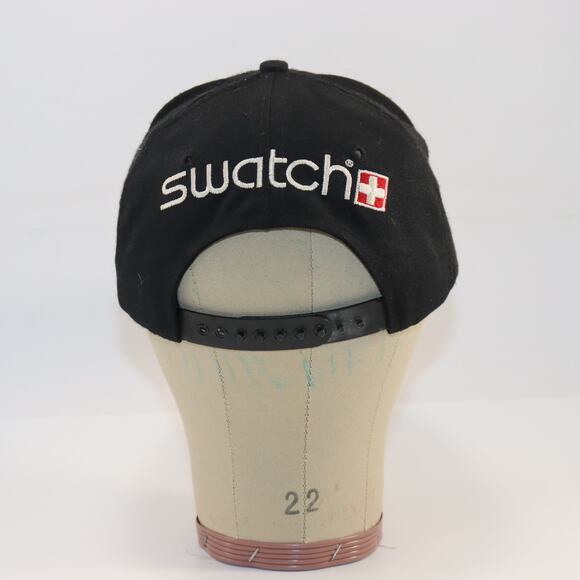 Vintage Swatch Black Snapback Hat Suede Brim Made in USA - Picture 1 of 5